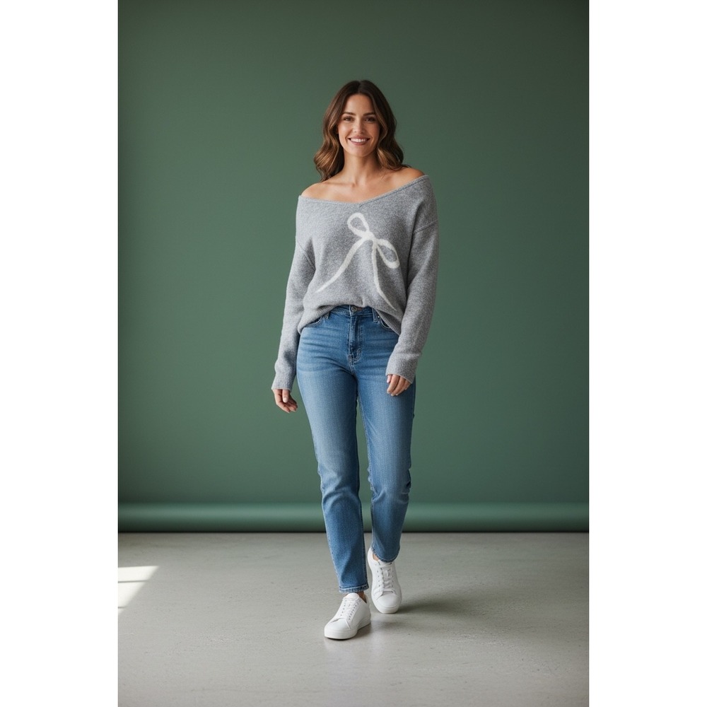 American Eagle Gray Bow Graphic V-Neck Sweater Womens XS Heathered Knit Pullover
